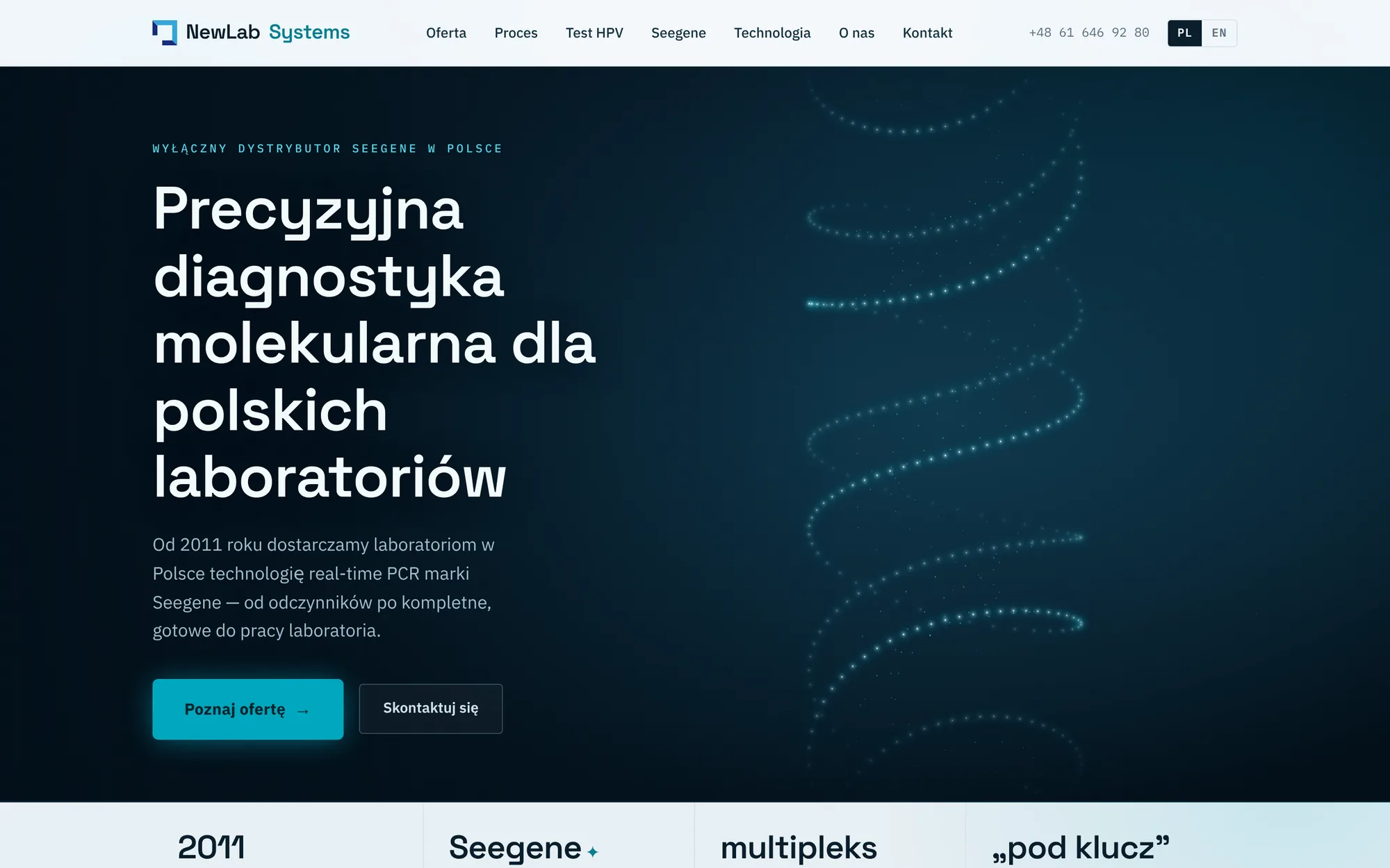 NewLab Systems home page with a dark hero, an animated DNA helix on the right, and a Polish headline reading 'Precyzyjna diagnostyka molekularna dla polskich laboratoriów'.