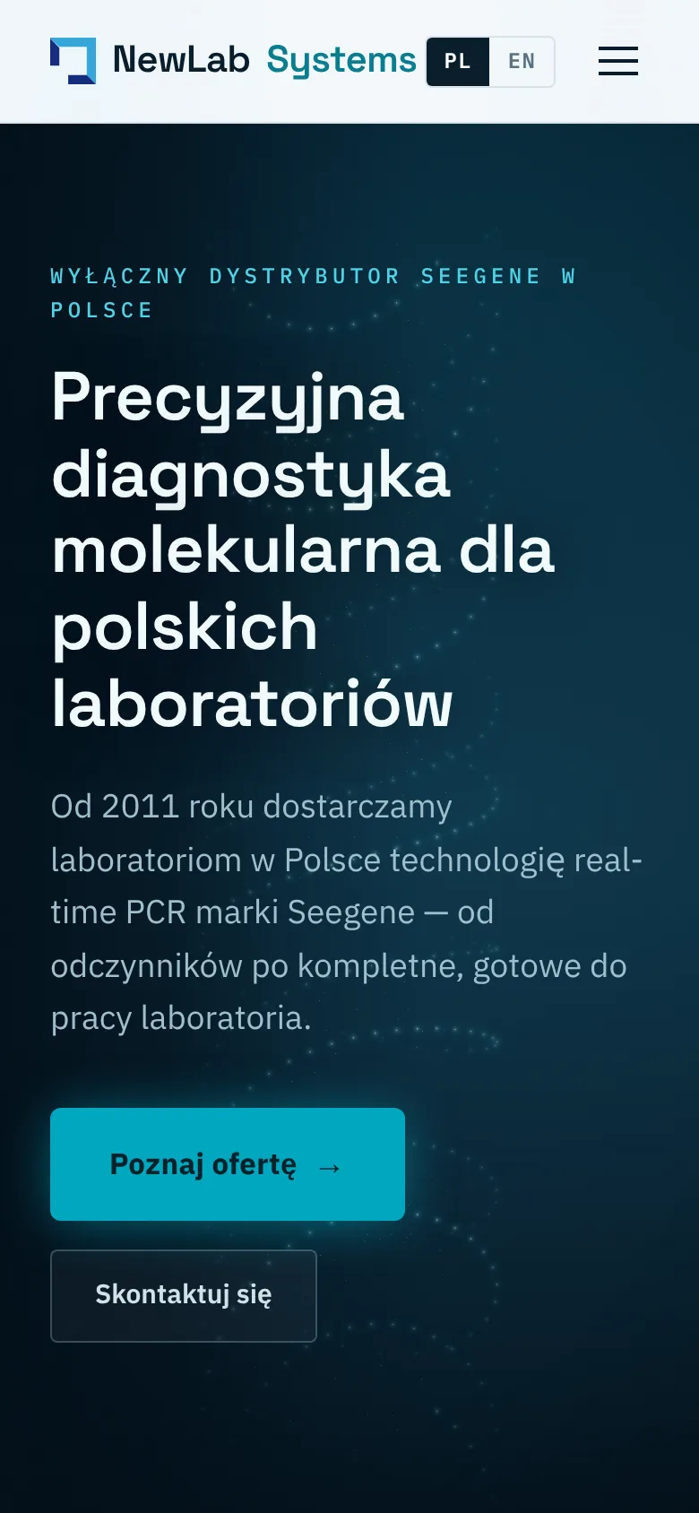 NewLab Systems home page on a narrow mobile viewport, with a condensed header and the hero headline stacked above the call-to-action buttons.