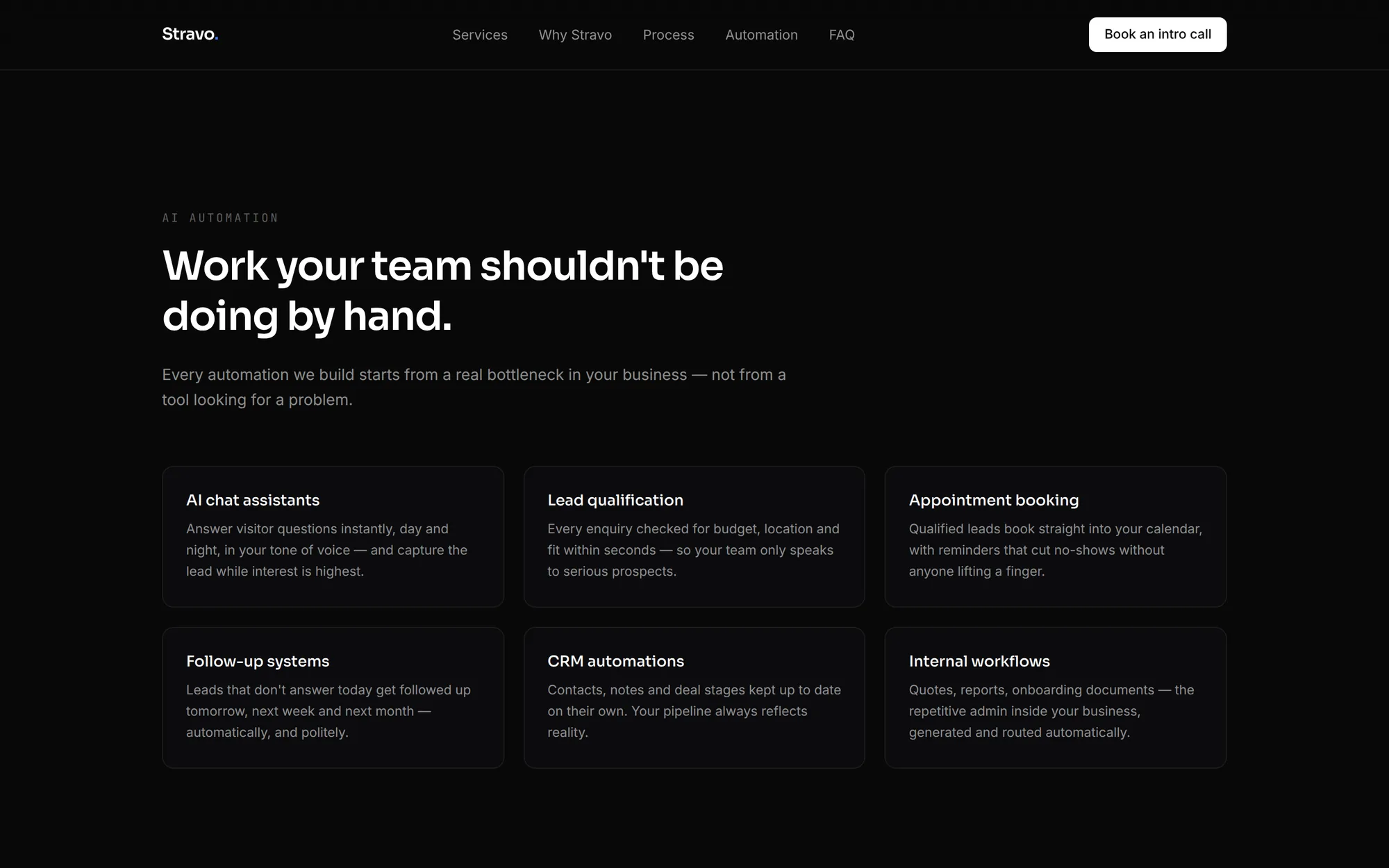 Sekcja automatyzacji AI zatytułowana „Work your team shouldn’t be doing by hand”, z sześcioma kartami obejmującymi asystentów czatu, kwalifikację leadów, umawianie spotkań, systemy follow-upu, automatyzacje CRM i procesy wewnętrzne.