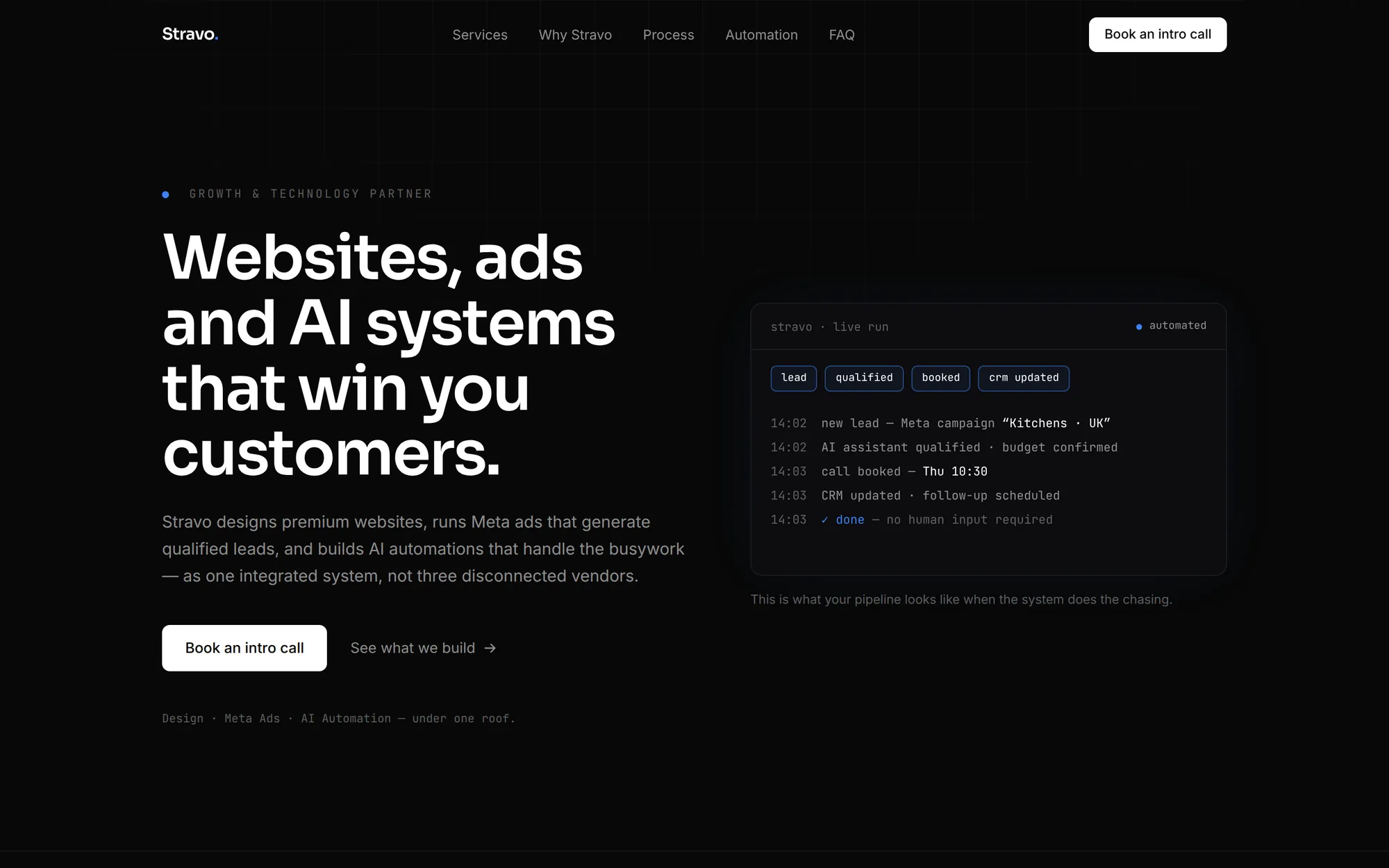 Strona główna Stravo Media na niemal czarnym tle, z nagłówkiem „Websites, ads and AI systems that win you customers” obok panelu pokazującego przykładowy log automatyzacji.