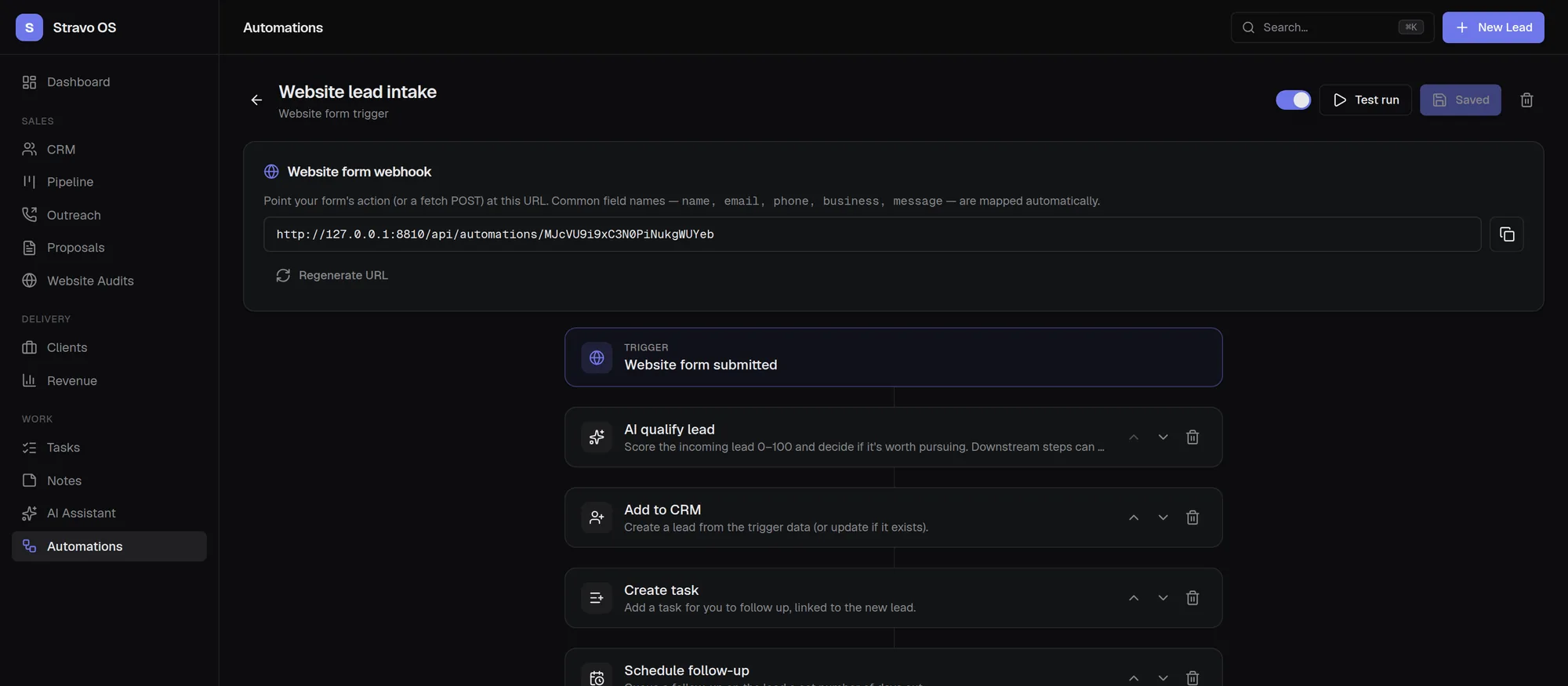 Automation builder showing a website form webhook URL and a vertical sequence of steps: AI qualify lead, add to CRM, create task, schedule follow-up and notify.