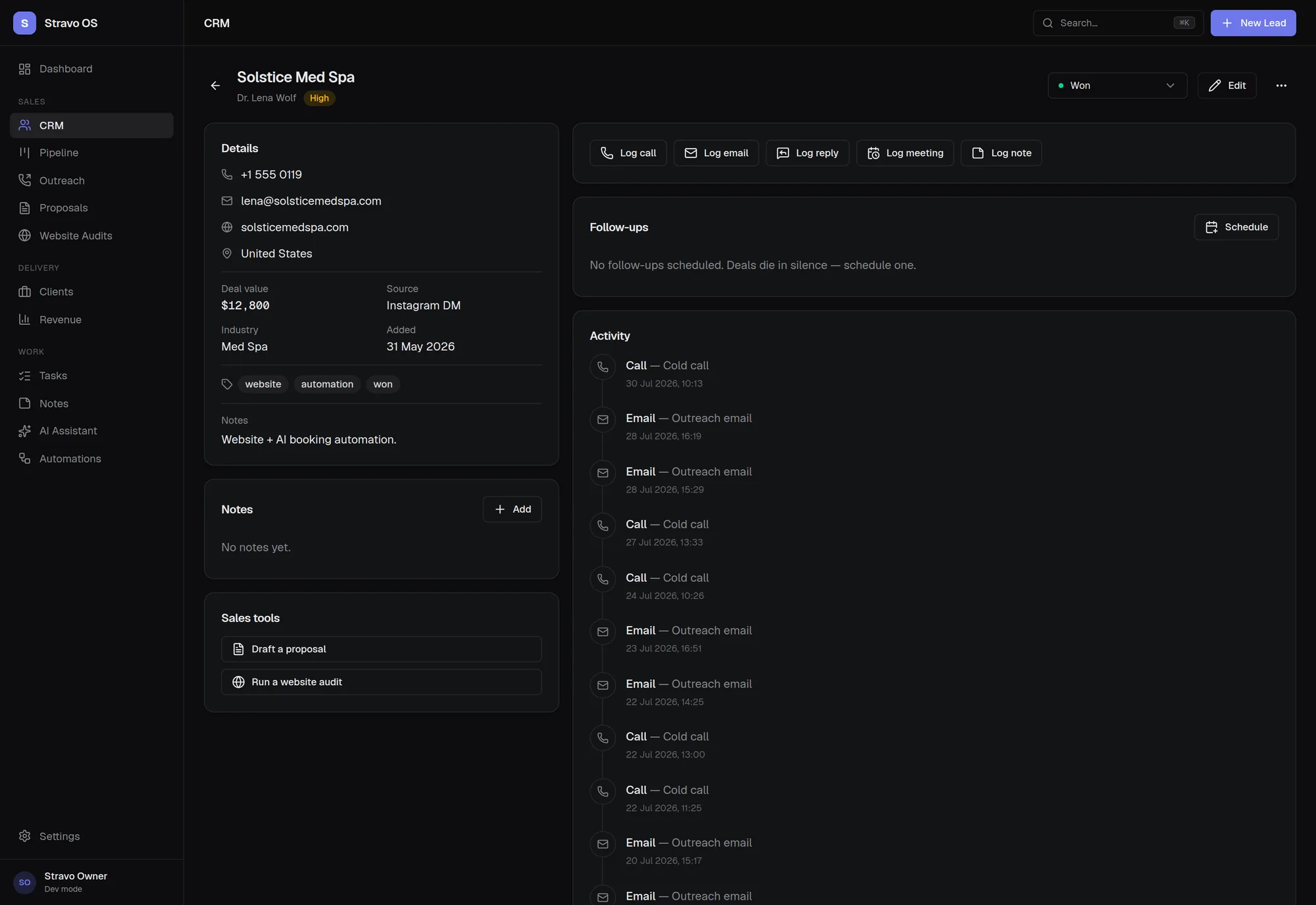 Lead detail page showing contact details, deal value, source and tags alongside quick actions to log a call, email, reply, meeting or note, and a dated activity timeline.